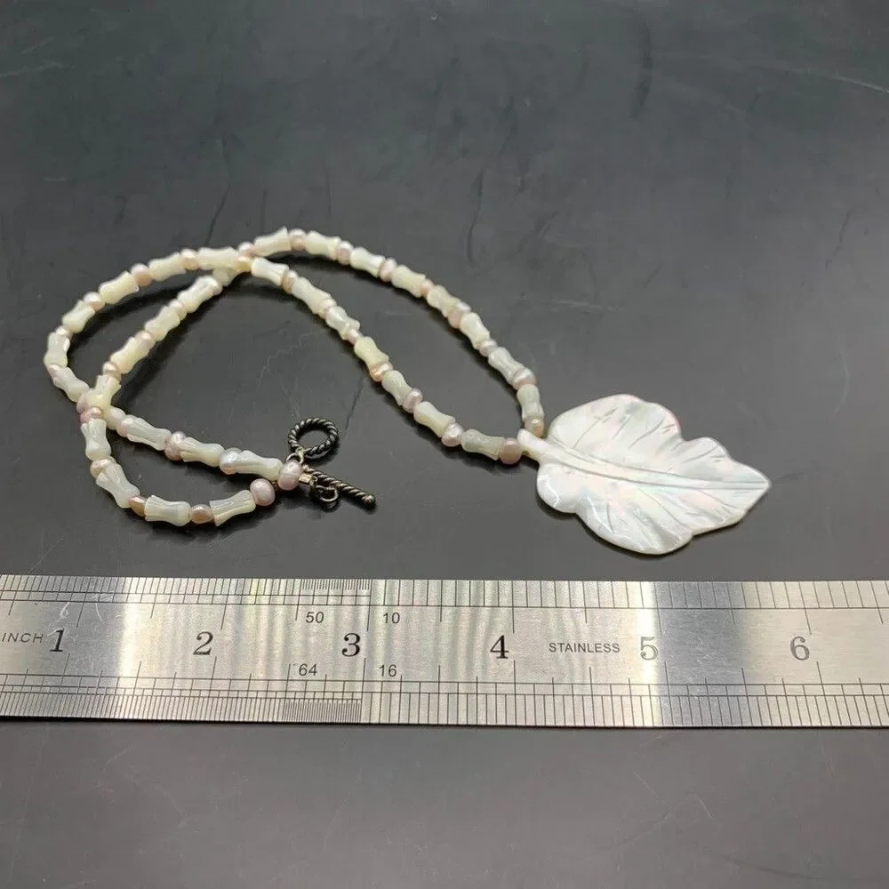 Vintage Artisan Mother of Pearl Leaf Necklace Beaded Toggle Clasp Retro White